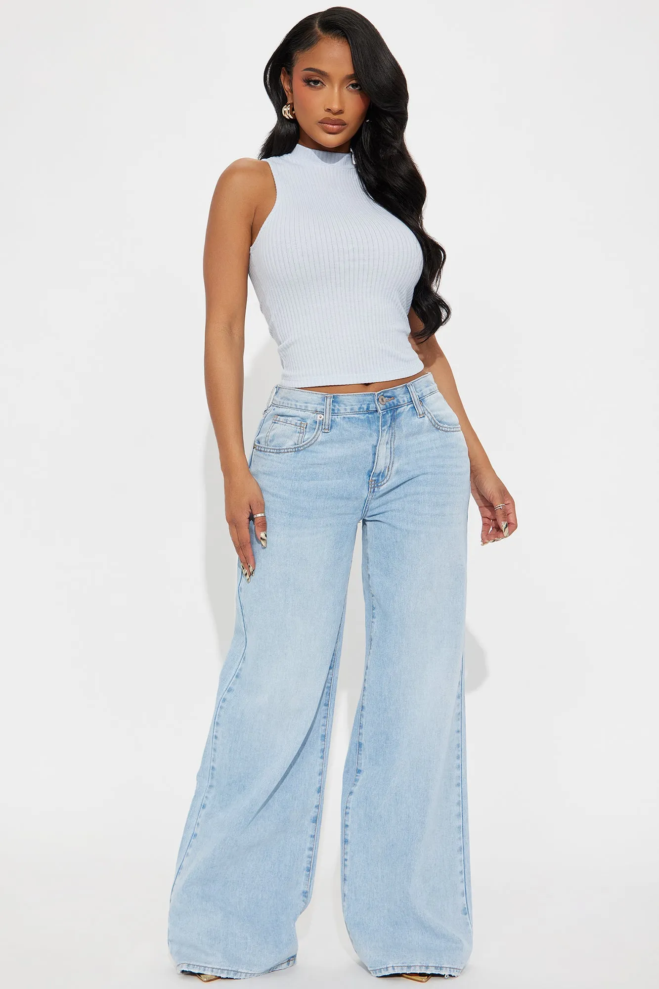 Alina Ribbed Mock Neck Tank Top - Blue