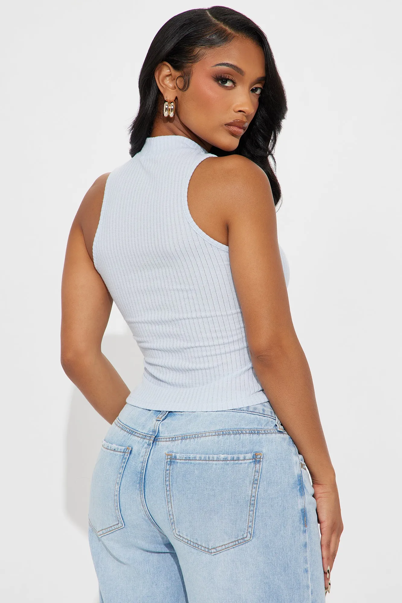 Alina Ribbed Mock Neck Tank Top - Blue