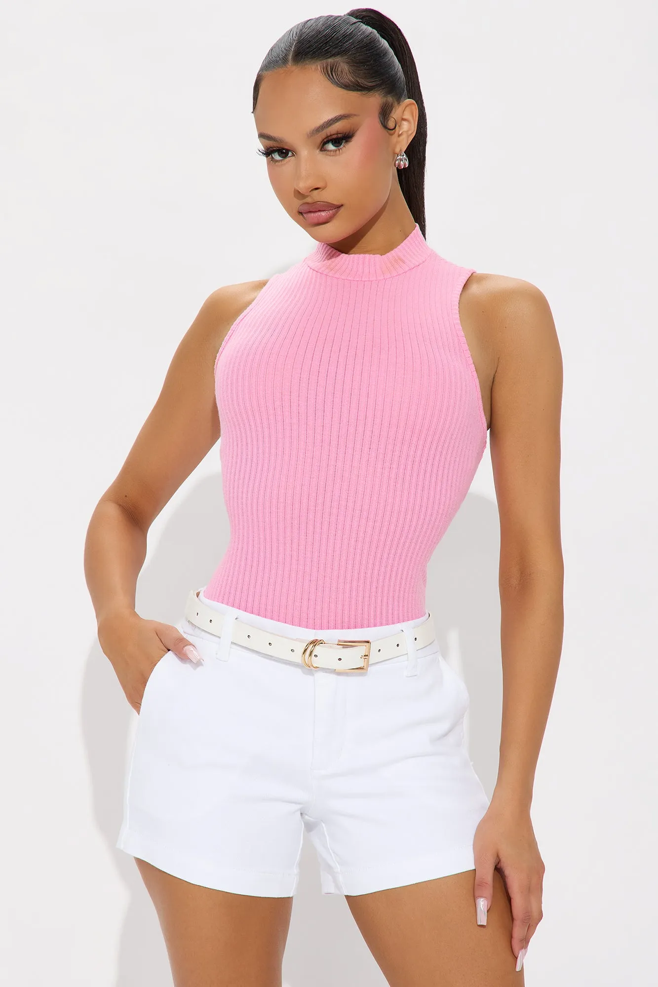 Alina Ribbed Mock Neck Tank Top - Pink