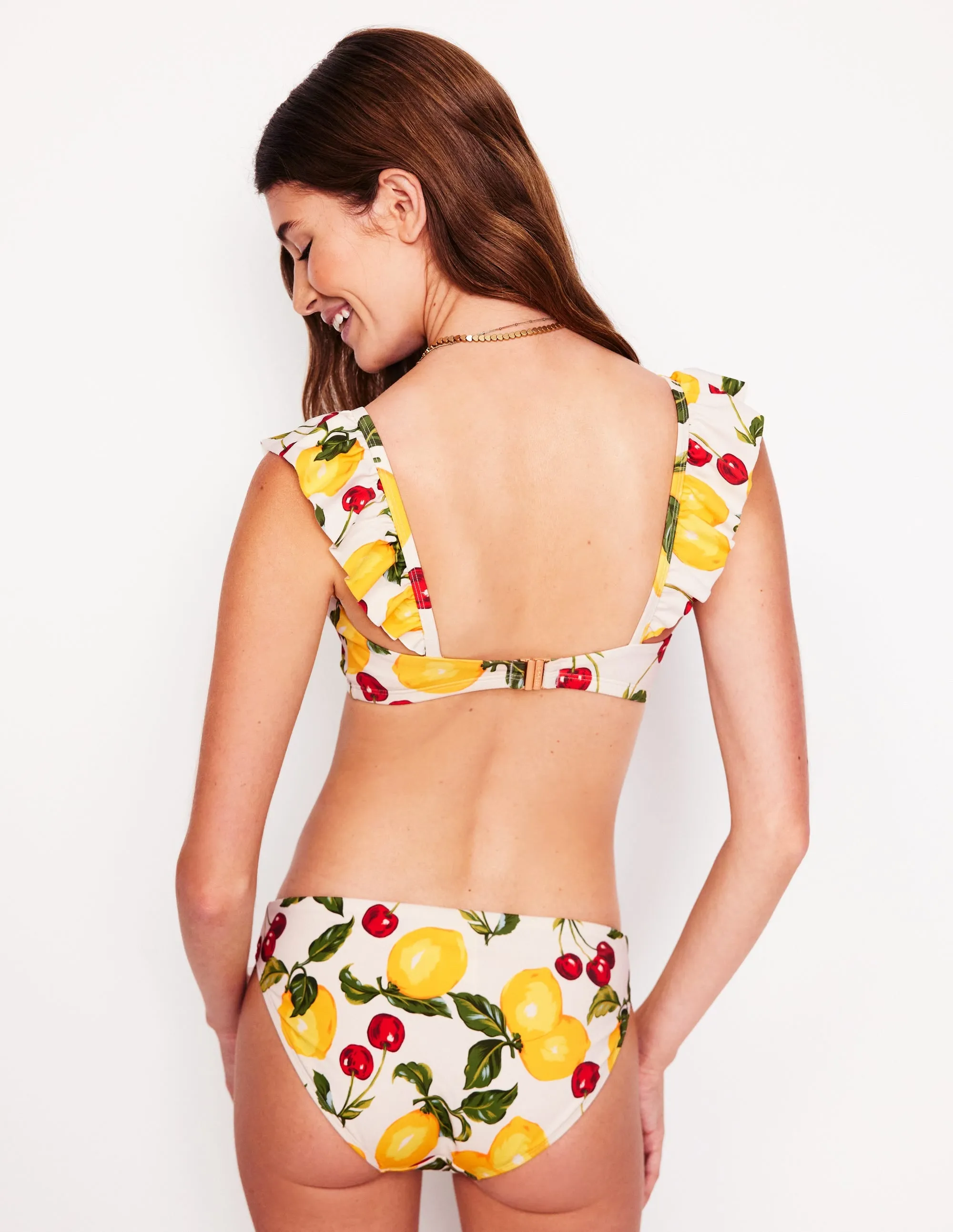 Evia Ruffle Bikini Top-Ivory, Cherries and Lemons